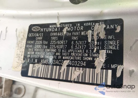 2012 Hyundai Tucson Gls z USA, uszkodzony, nr VIN KM8JU3AC2CU403294